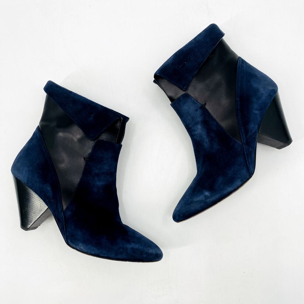 Veronica Beard Navy Suede Fold over Heel Ankle Boots